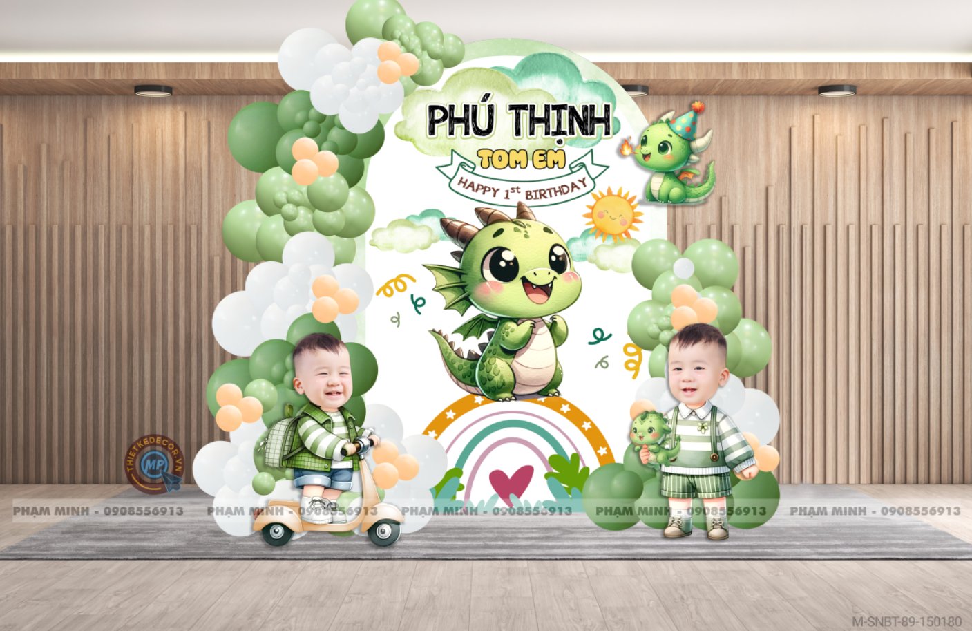 File thiết kế sinh nhật bé trai 1 tuổi con rồng khung U và chibi tone xanh lá cute dễ thương.