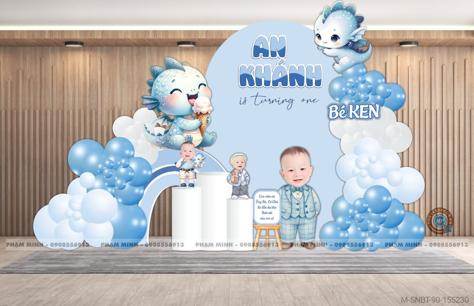 File thiết kế sinh nhật bé trai 1 tuổi con rồng tone xanh navy cute dễ thương.