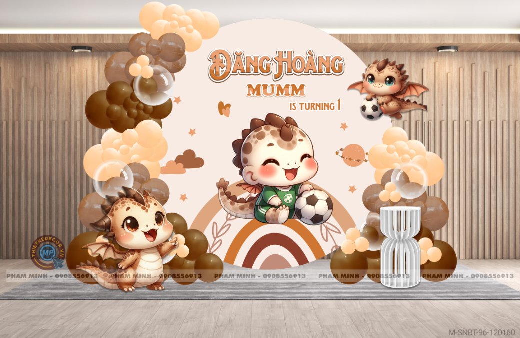 File thiết kế sinh nhật bé trai 1 tuổi con rồng chủ đề bóng đá tone nâu tây cute dễ thương.
