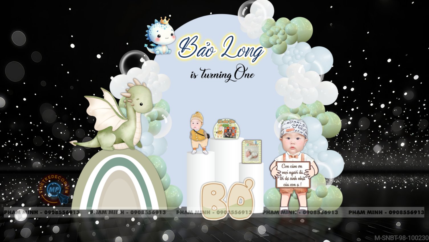 File thiết kế sinh nhật bé trai 1 tuổi con rồng và chibi cute dễ thương.