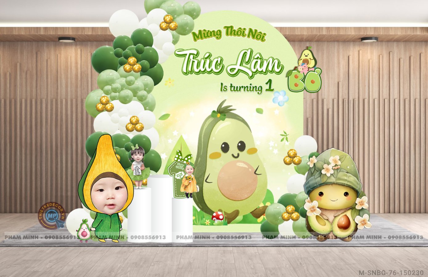 File thiết kế sinh nhật bé gái 1 tuổi chủ đề quả Bơ tone xanh lá cute dễ thương.