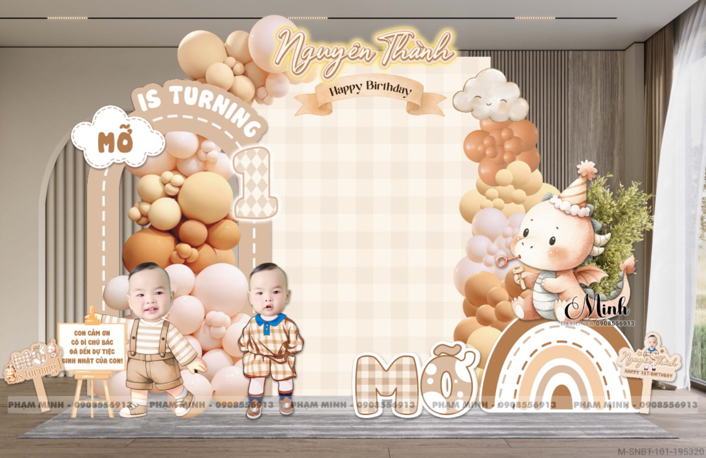 File thiết kế sinh nhật bé trai 1 tuổi con rồng tone nâu tây cute dễ thương.