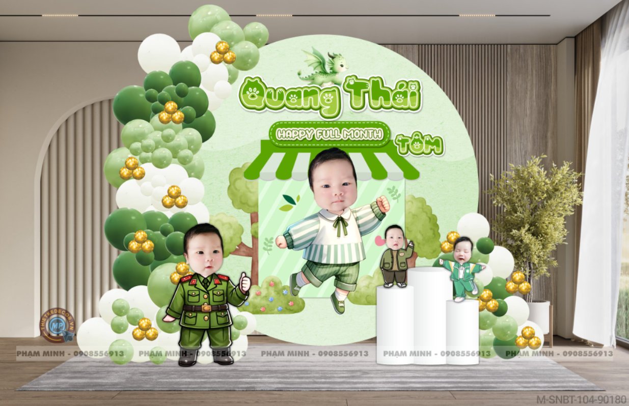 File thiết kế sinh nhật bé trai 1 tuổi con rồng khung tròn và chibi tone xanh lá cute dễ thương.