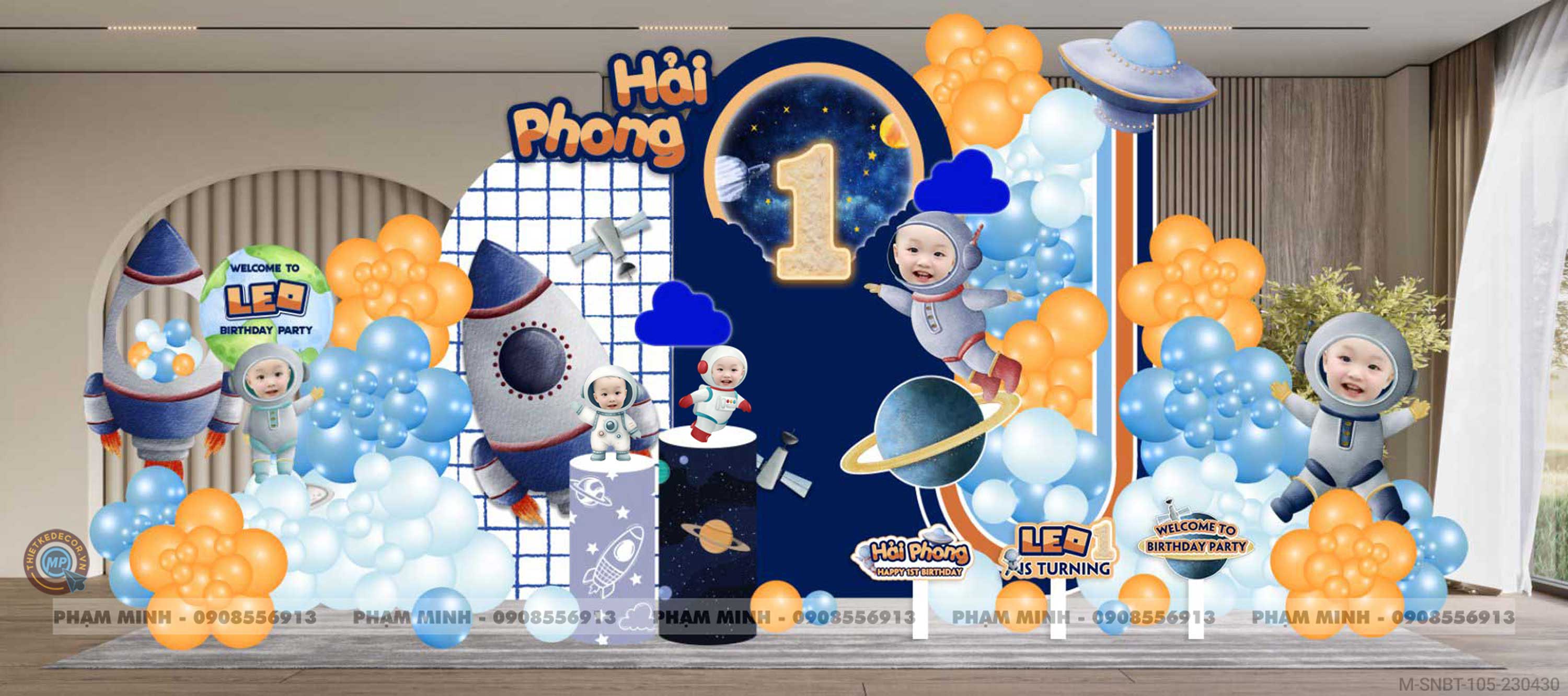 File thiết kế sinh nhật bé trai 1 tuổi chủ đề Phi hành gia vũ trụ cute dễ thương.