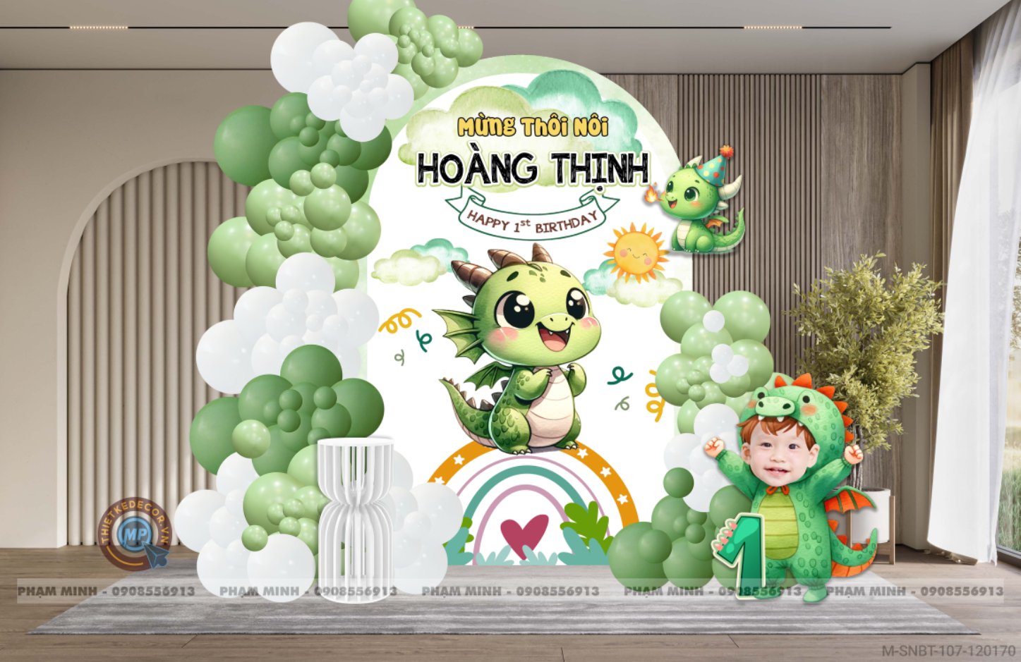 File thiết kế sinh nhật bé trai 1 tuổi con rồng khung U và chibi tone xanh lá cute dễ thương.