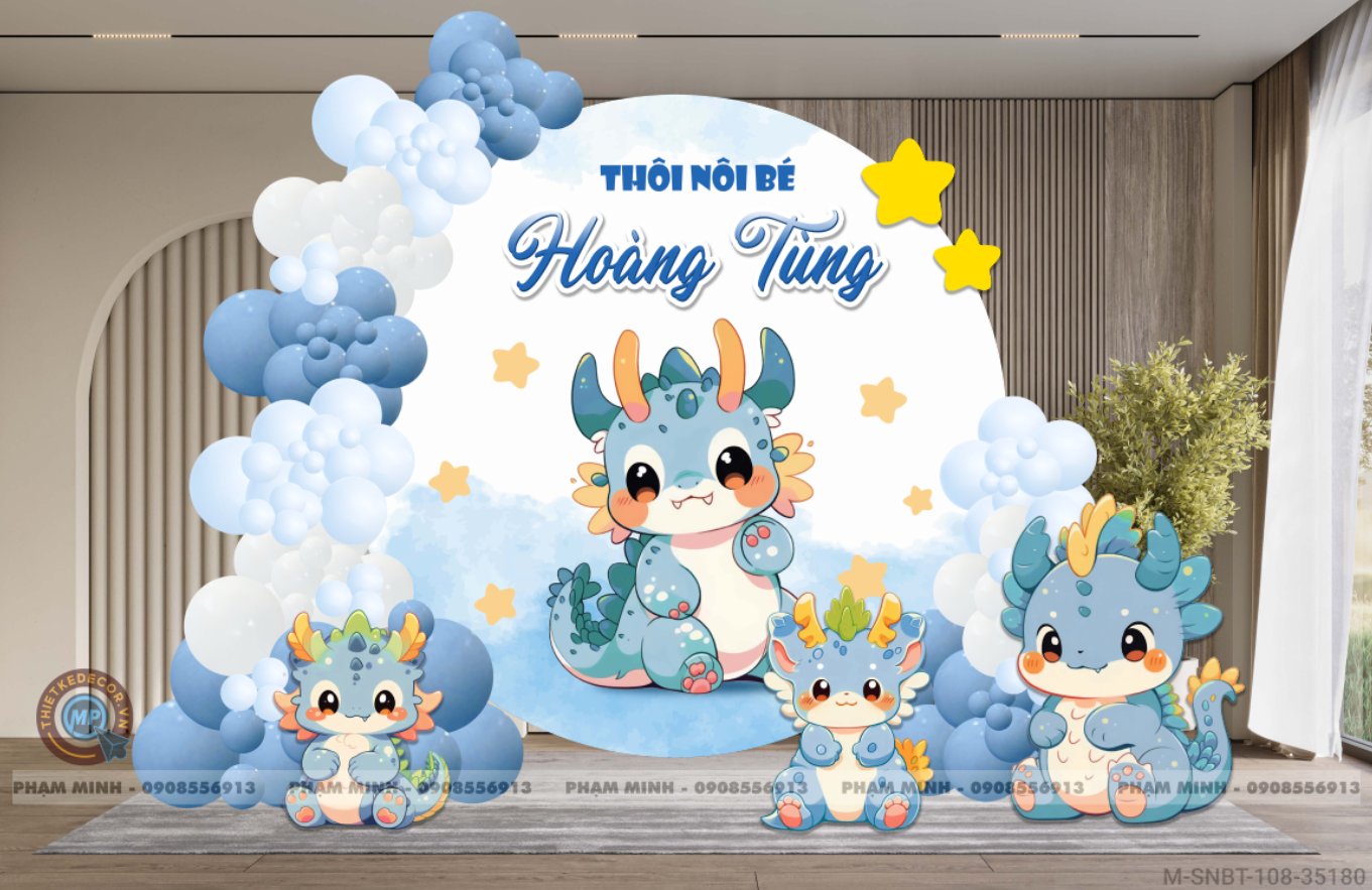 File thiết kế sinh nhật bé trai 1 tuổi con rồng khung tròn và chibi tone xanh cute dễ thương.
