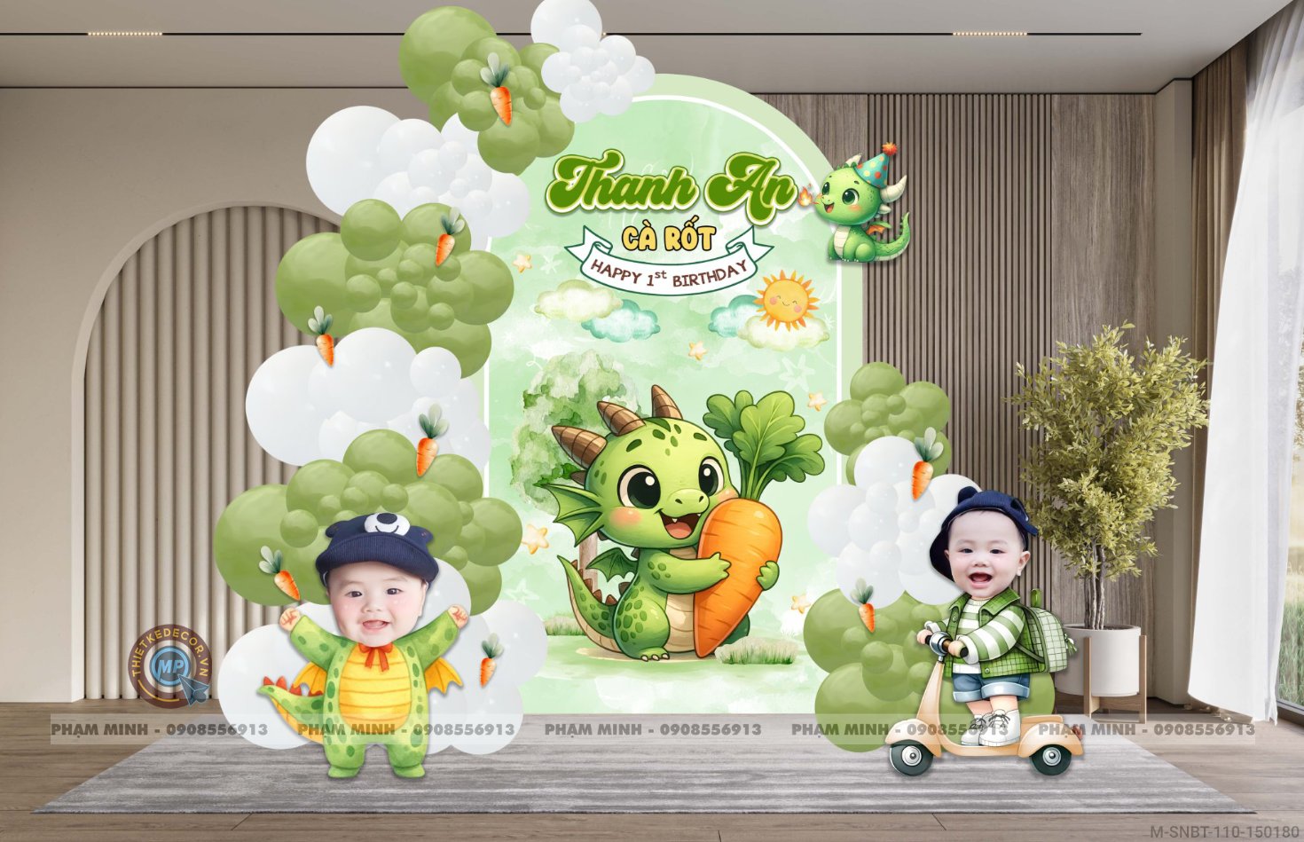 File thiết kế sinh nhật bé trai 1 tuổi con rồng chủ đề cà rốt tone xanh lá cute dễ thương.