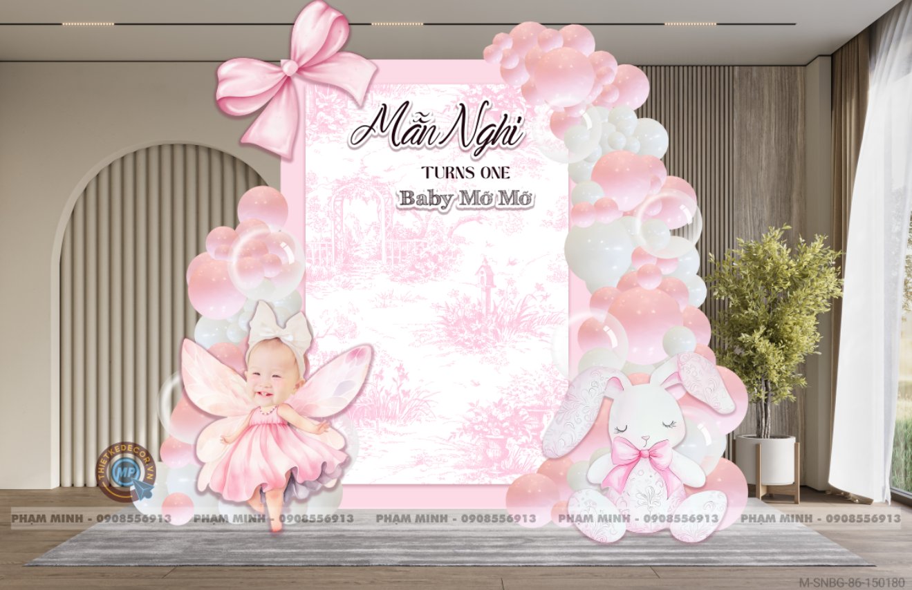 File thiết kế sinh nhật bé gái 1 tuổi chủ đề con thỏ tone hồng pastel cute dễ thương.