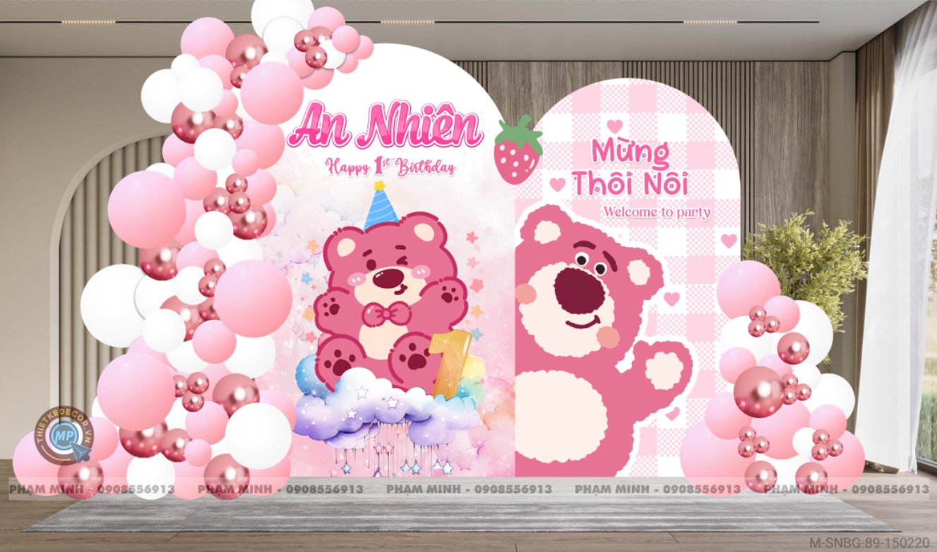 File thiết kế sinh nhật bé gái 1 tuổi chủ đề quả Gấu Dâu tone hồng cute dễ thương.