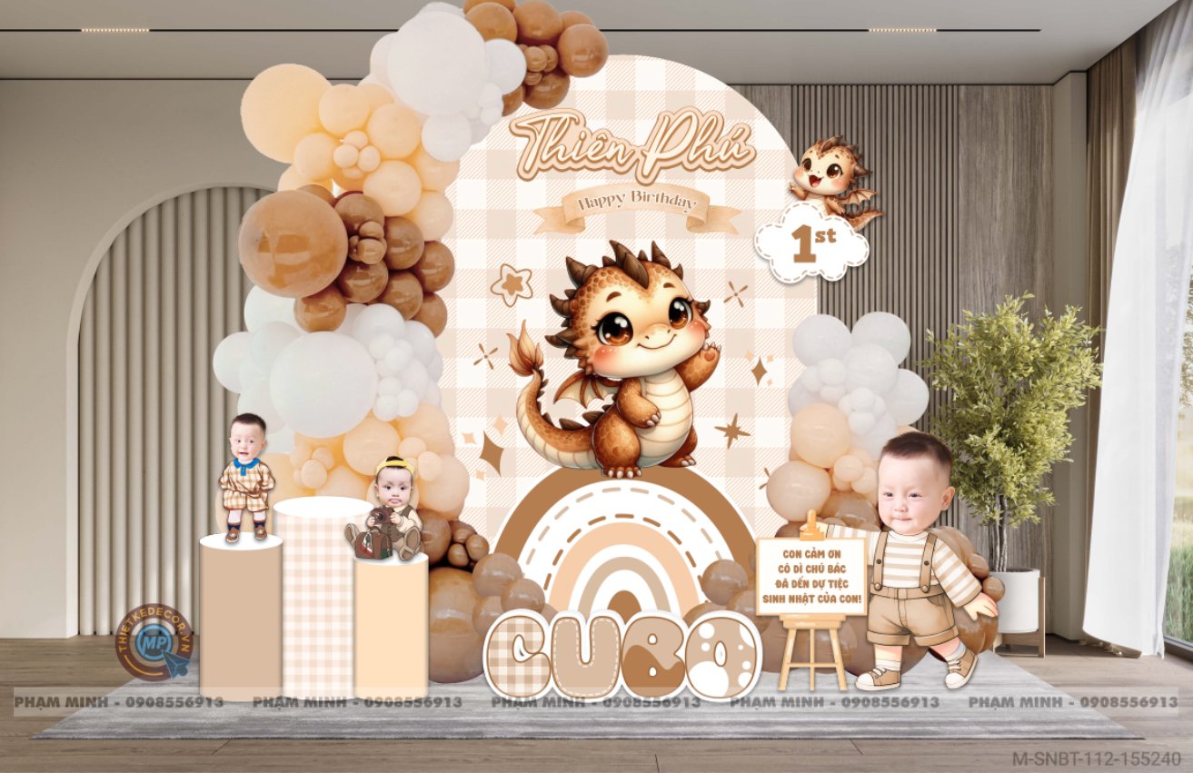 File thiết kế sinh nhật bé trai 1 tuổi con rồng khung U và chibi tone nâu tây cute dễ thương.