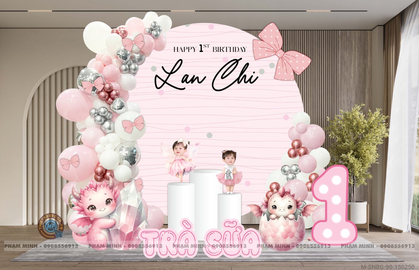 File thiết kế sinh nhật bé gái 1 tuổi chủ đề rồng và nơ tone hồng cute đáng yêu