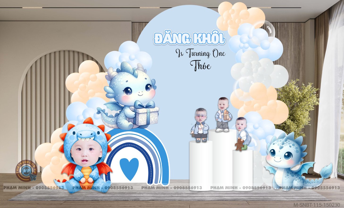 File thiết kế sinh nhật bé trai 1 tuổi con rồng tone xanh navy cute dễ thương.