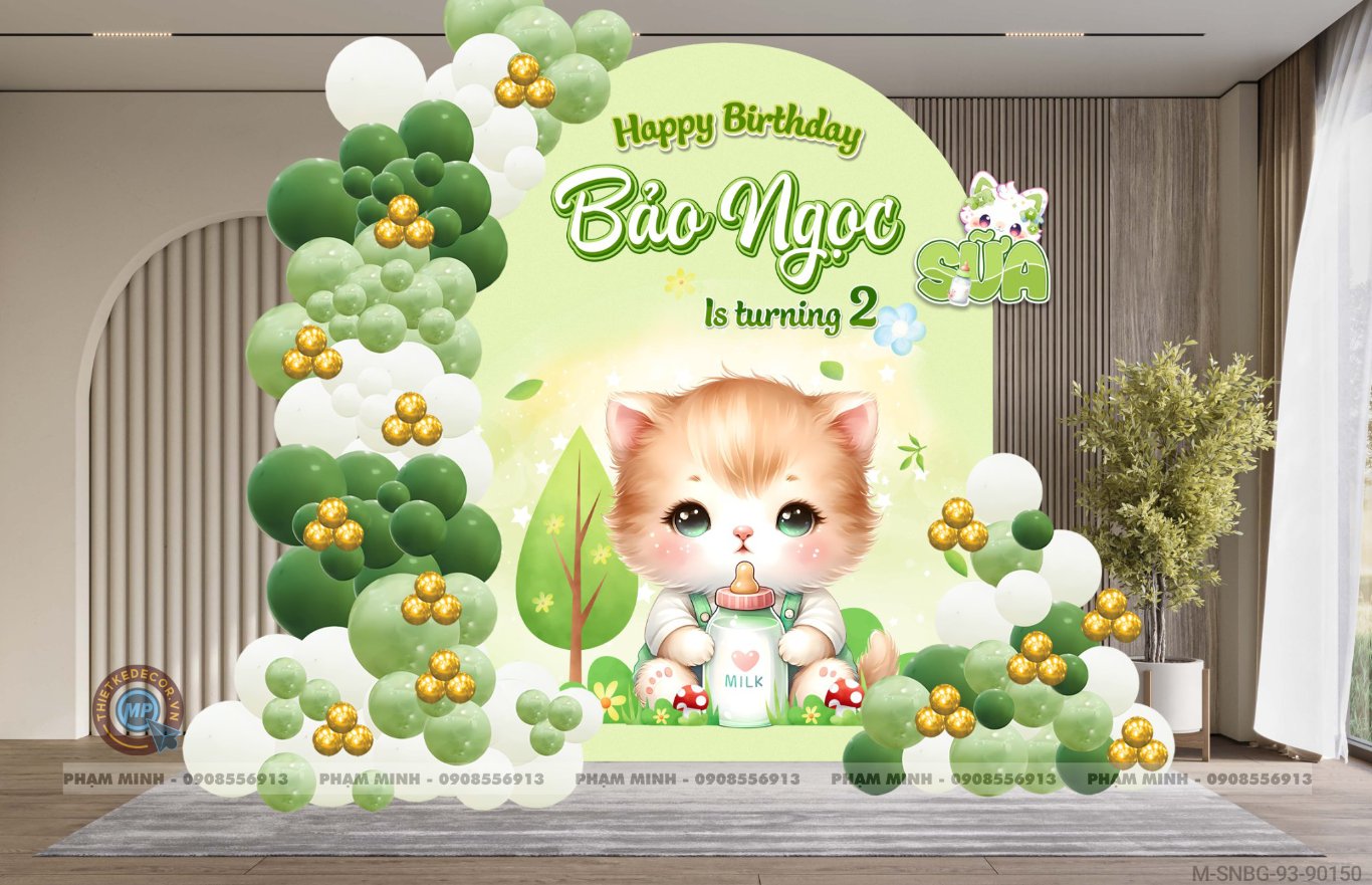 File thiết kế sinh nhật bé gái tuổi mèo tone xanh lá cute dễ thương.