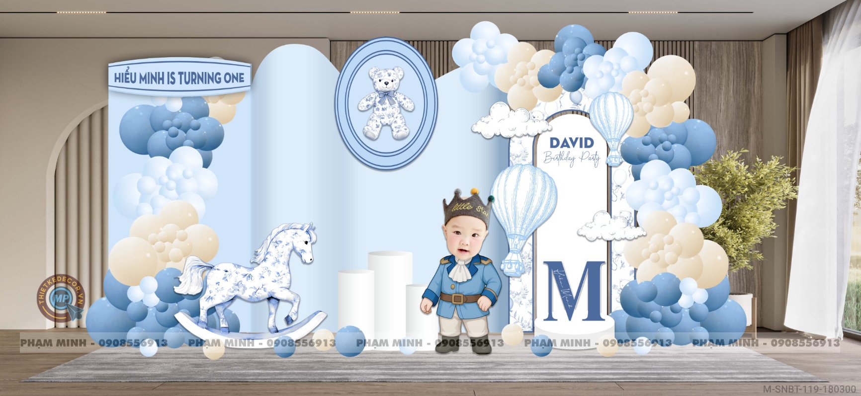 File thiết kế sinh nhật bé trai 1 tuổi Hoàng tử tone xanh cổ vịt cute dễ thương.