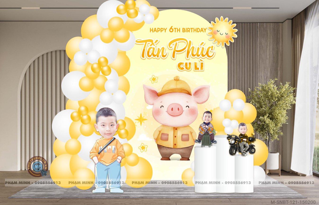 File thiết kế background sinh nhật bé trai tuổi Heo - Hợi tone vàng cute dễ thương đáng yêu