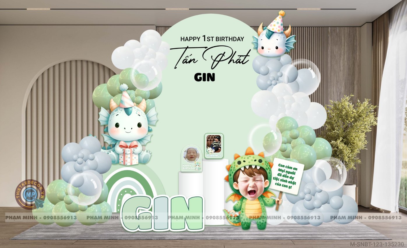 File thiết kế sinh nhật bé trai 1 tuổi tone xanh lá cute dễ thương.