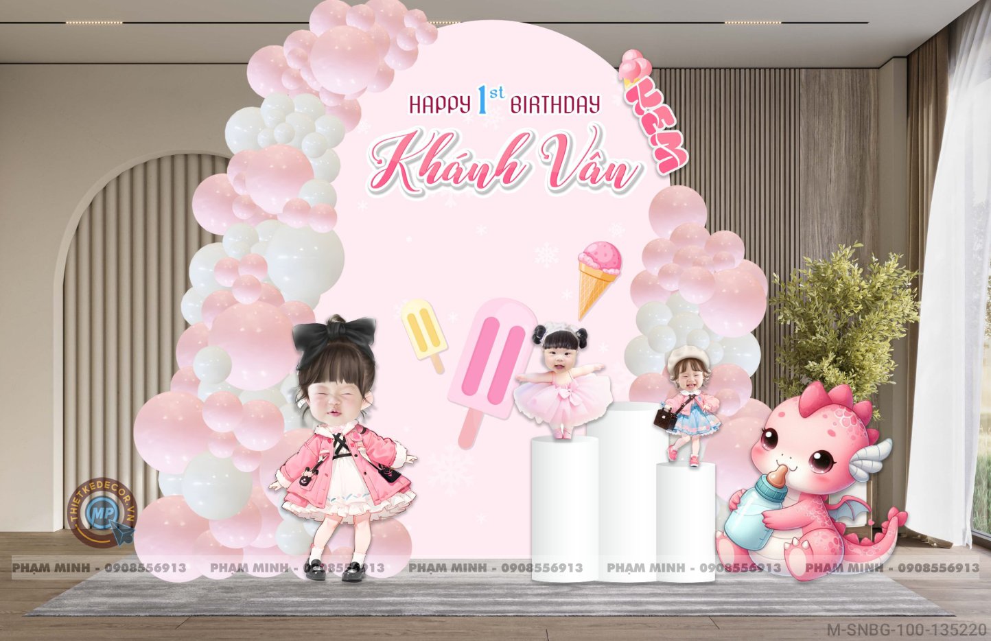 File thiết kế sinh nhật bé gái 1 tuổi chủ con rồng đề Kem tone xanh hồng cute dễ thương.