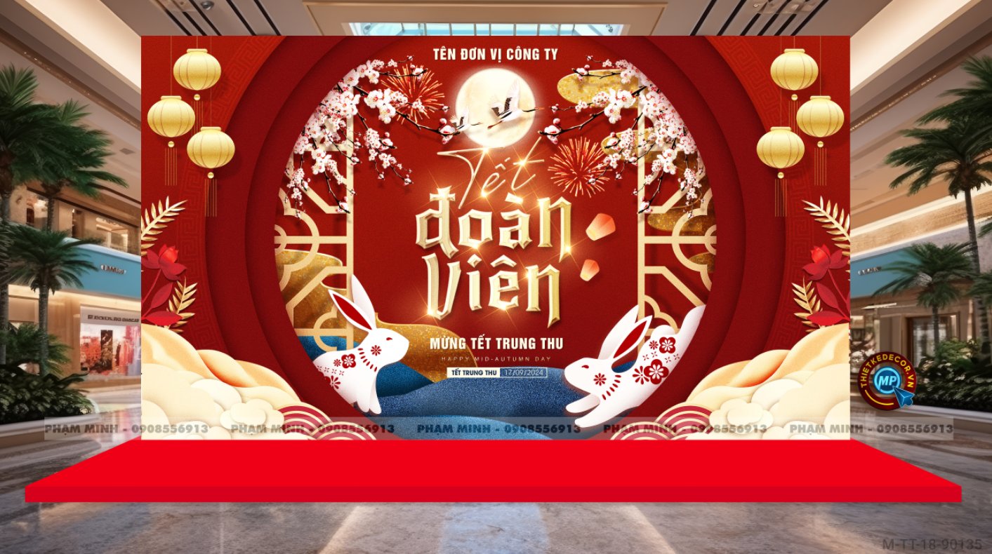 File thiết kế Background trang trí trung thu, bạt sự kiện trung thu tone đỏ vàng sang trọng, đáng yêu