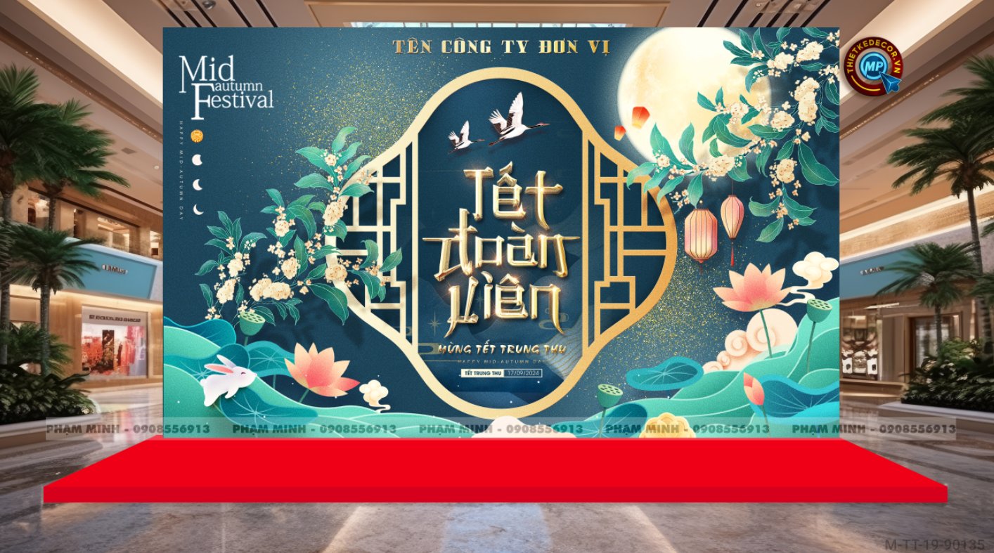 File thiết kế Background trang trí trung thu, bạt sự kiện trung thu tone xanh lục sang trọng, đáng yêu