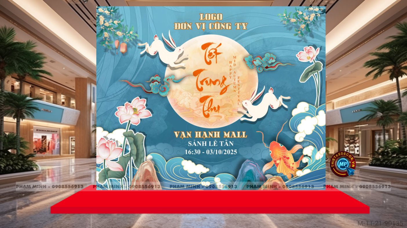 File thiết kế Background trang trí trung thu, bạt sự kiện trung thu tone xanh lục sang trọng, đáng yêu