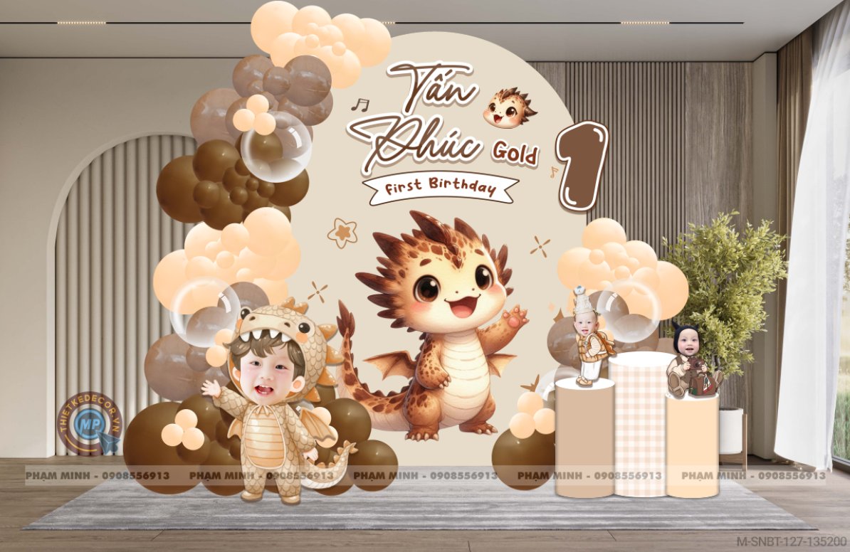 File thiết kế sinh nhật bé trai 1 tuổi con rồng khung U và chibi tone nâu tây cute dễ thương.