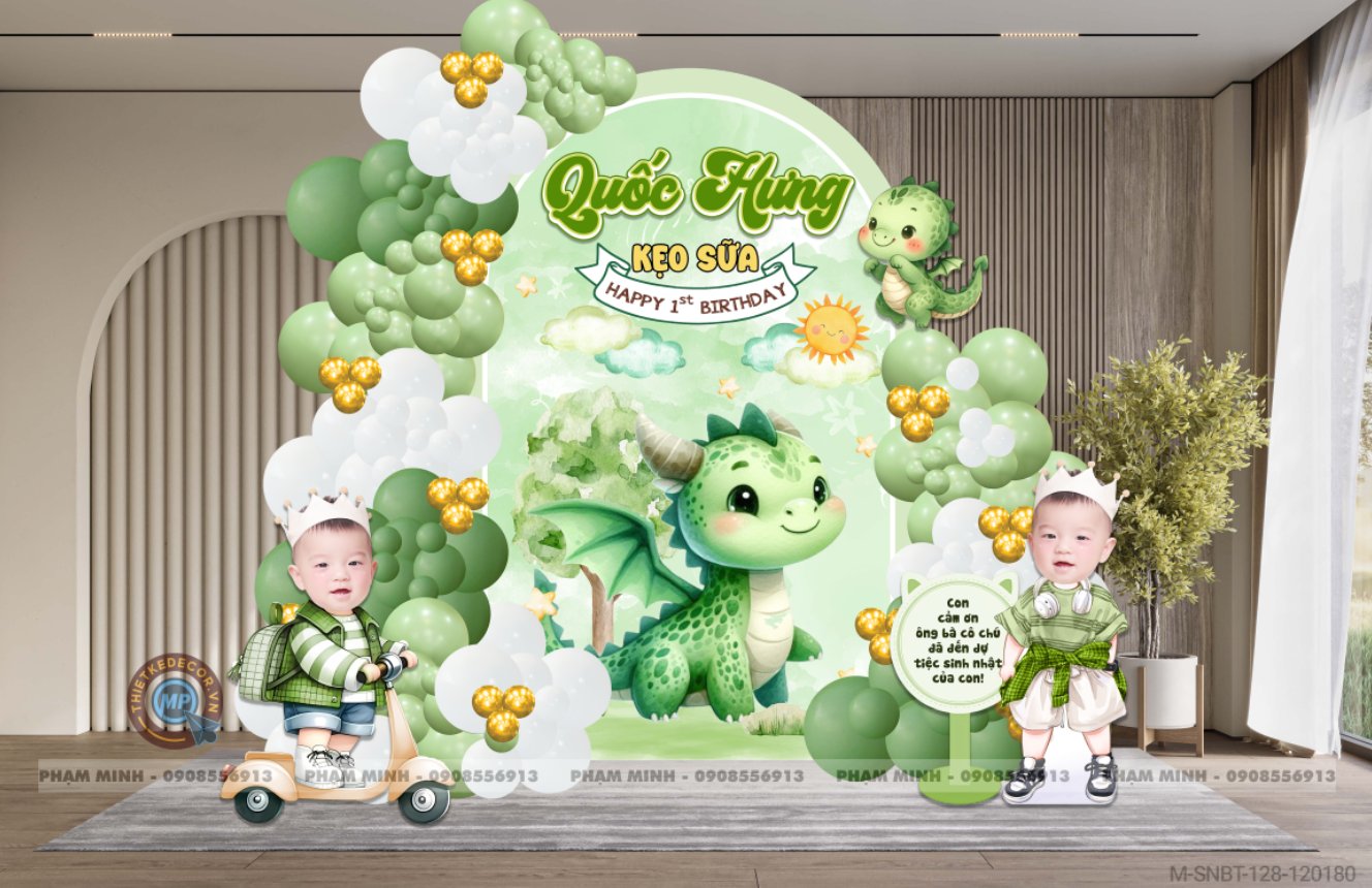 File thiết kế sinh nhật bé trai 1 tuổi con rồng tone xanh lá cute dễ thương.