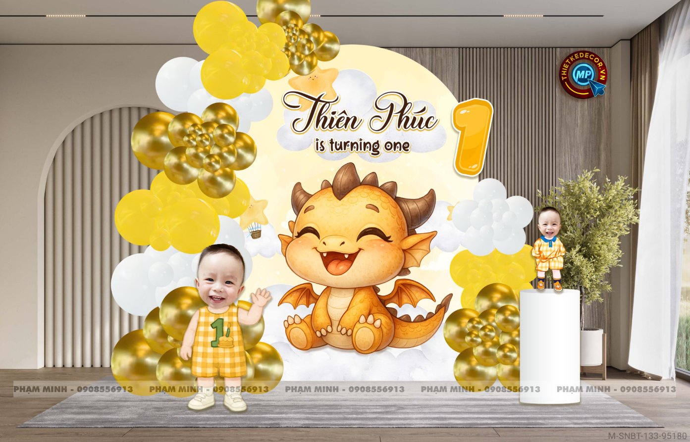 File thiết kế background sinh nhật bé trai tuổi thìn rồng tone vàng cute dễ thương đáng yêu