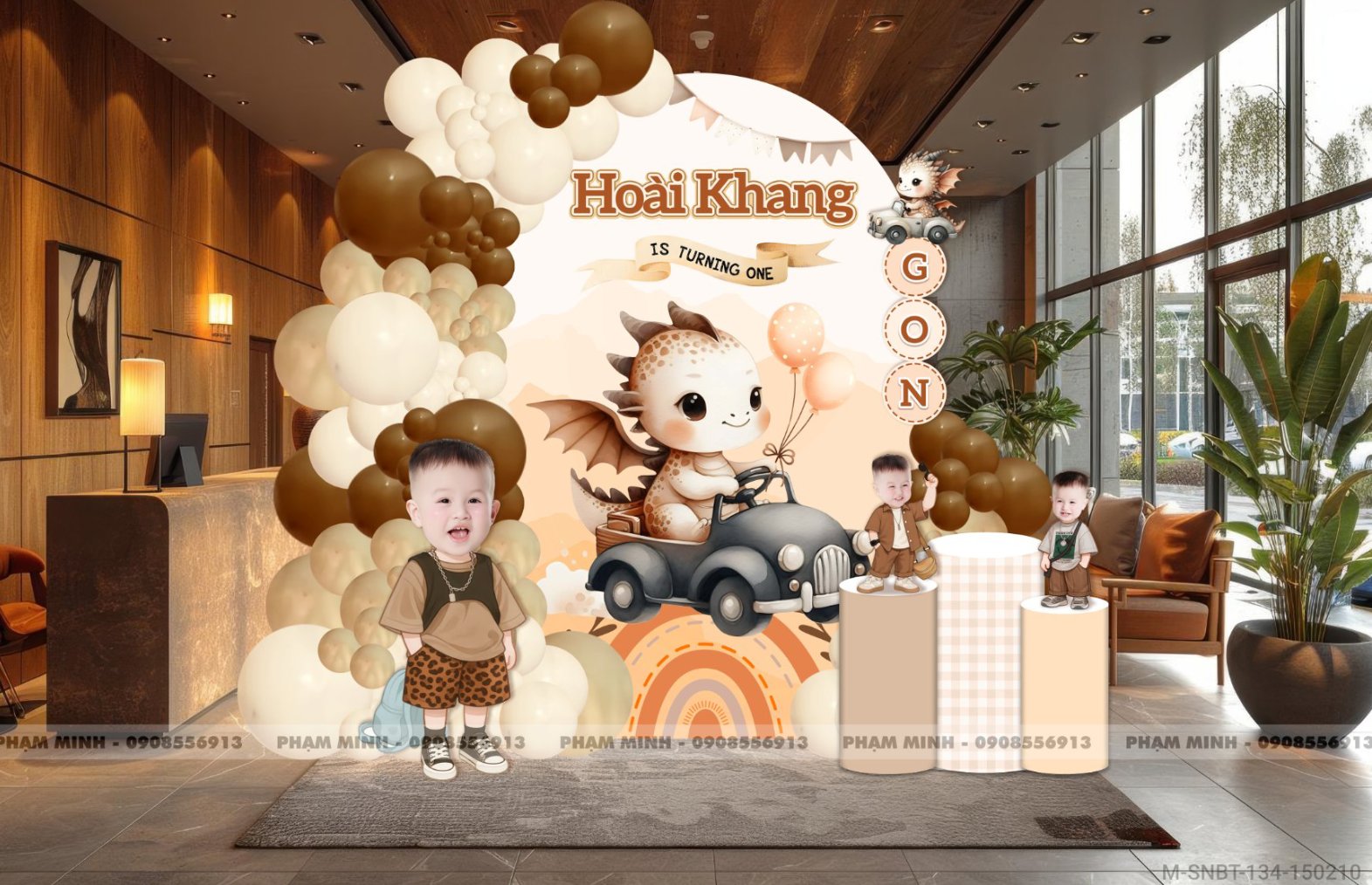 File thiết kế sinh nhật bé trai 1 tuổi con rồng khung U và chibi tone nâu tây cute dễ thương.