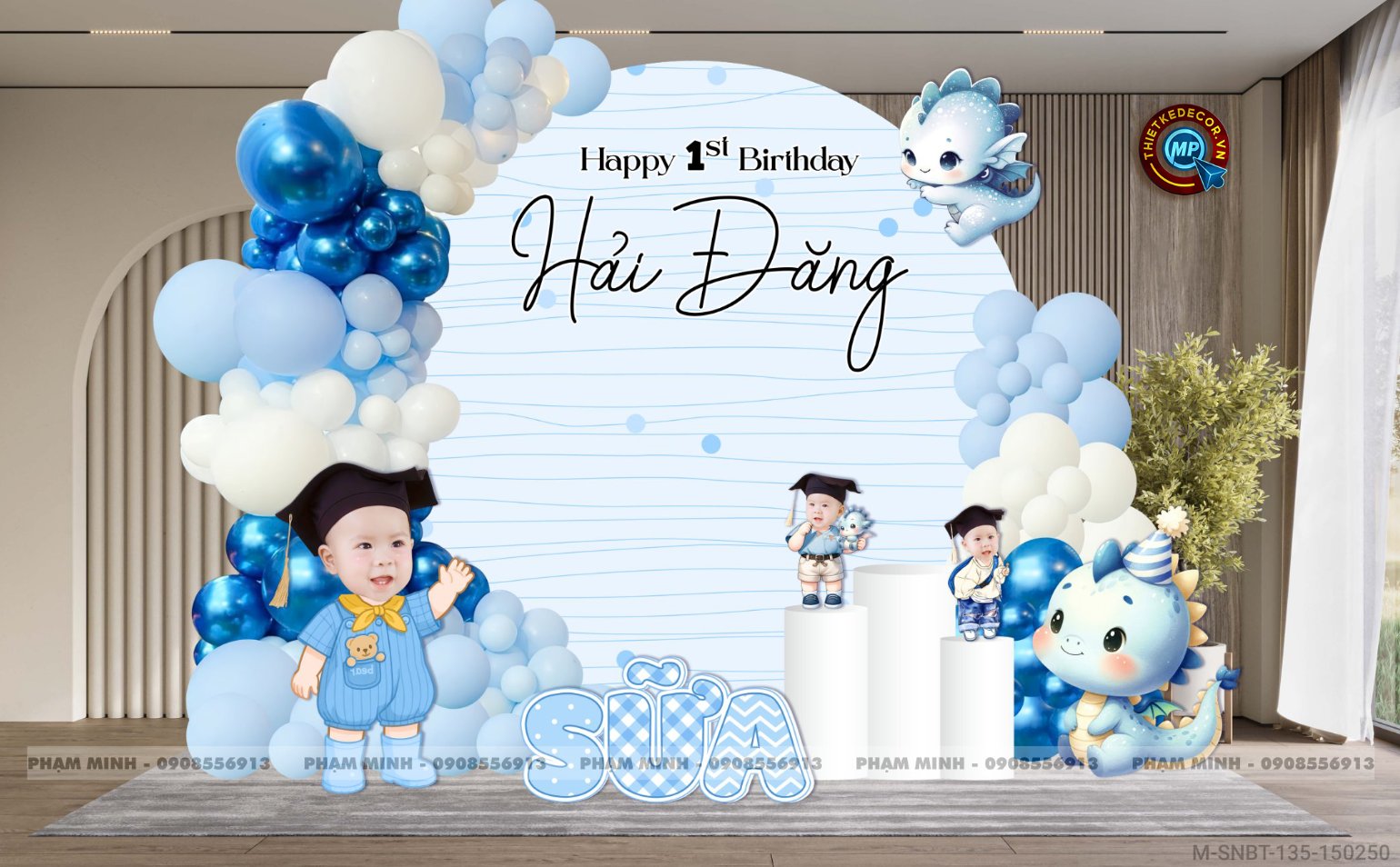 File thiết kế sinh nhật bé trai 1 tuổi con rồng khung tròn tone xanh blue cute dễ thương.