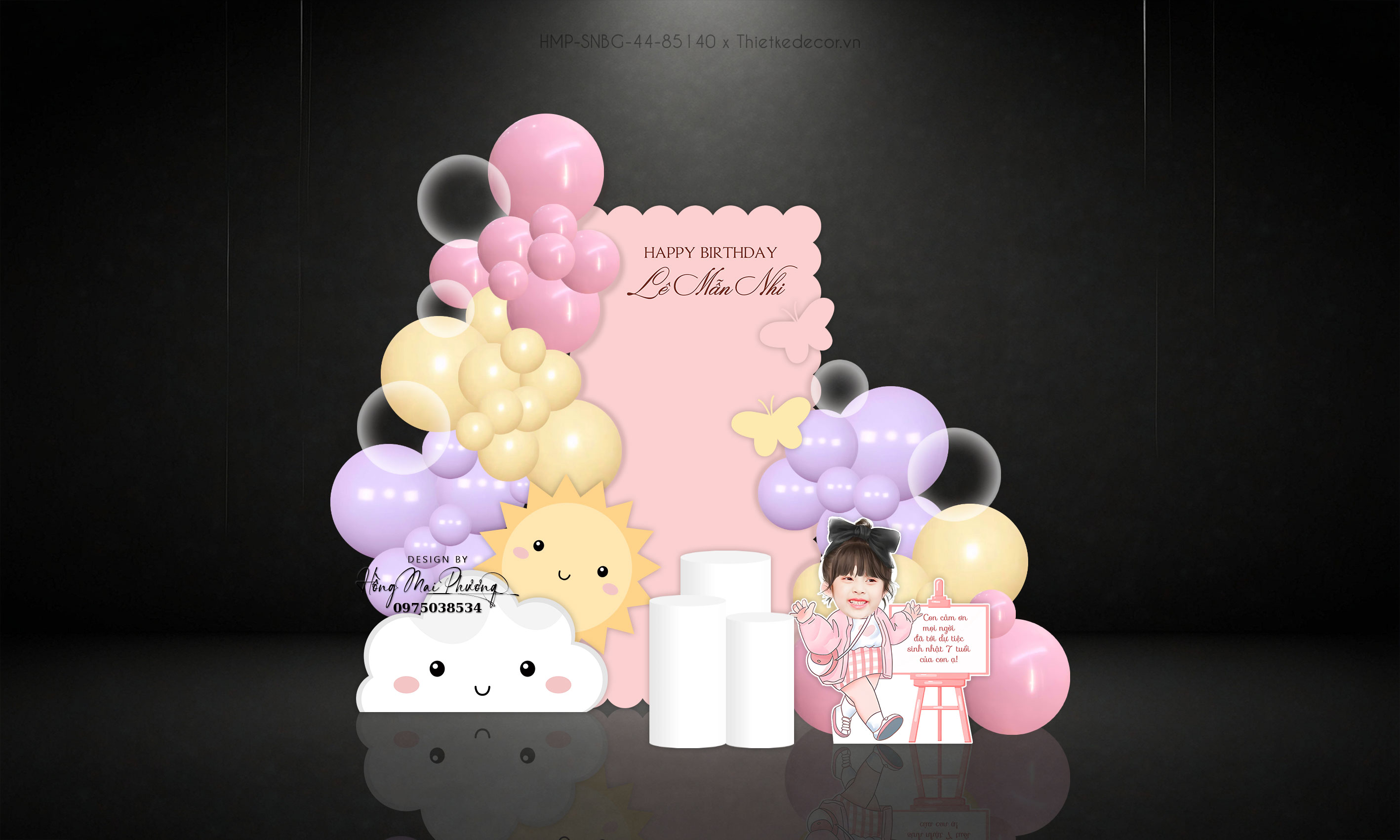 Sinh nhật bé gái tone hồng cute, đám mây và mặt trời dịu êm.