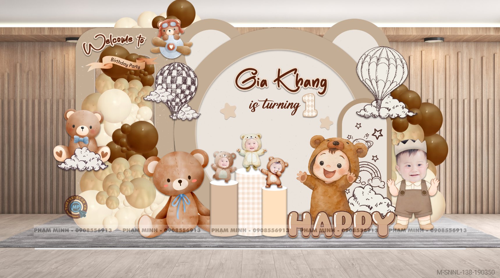 File thiết kế sinh nhật bé trai chủ đề gấu tone nâu cute dễ thương.