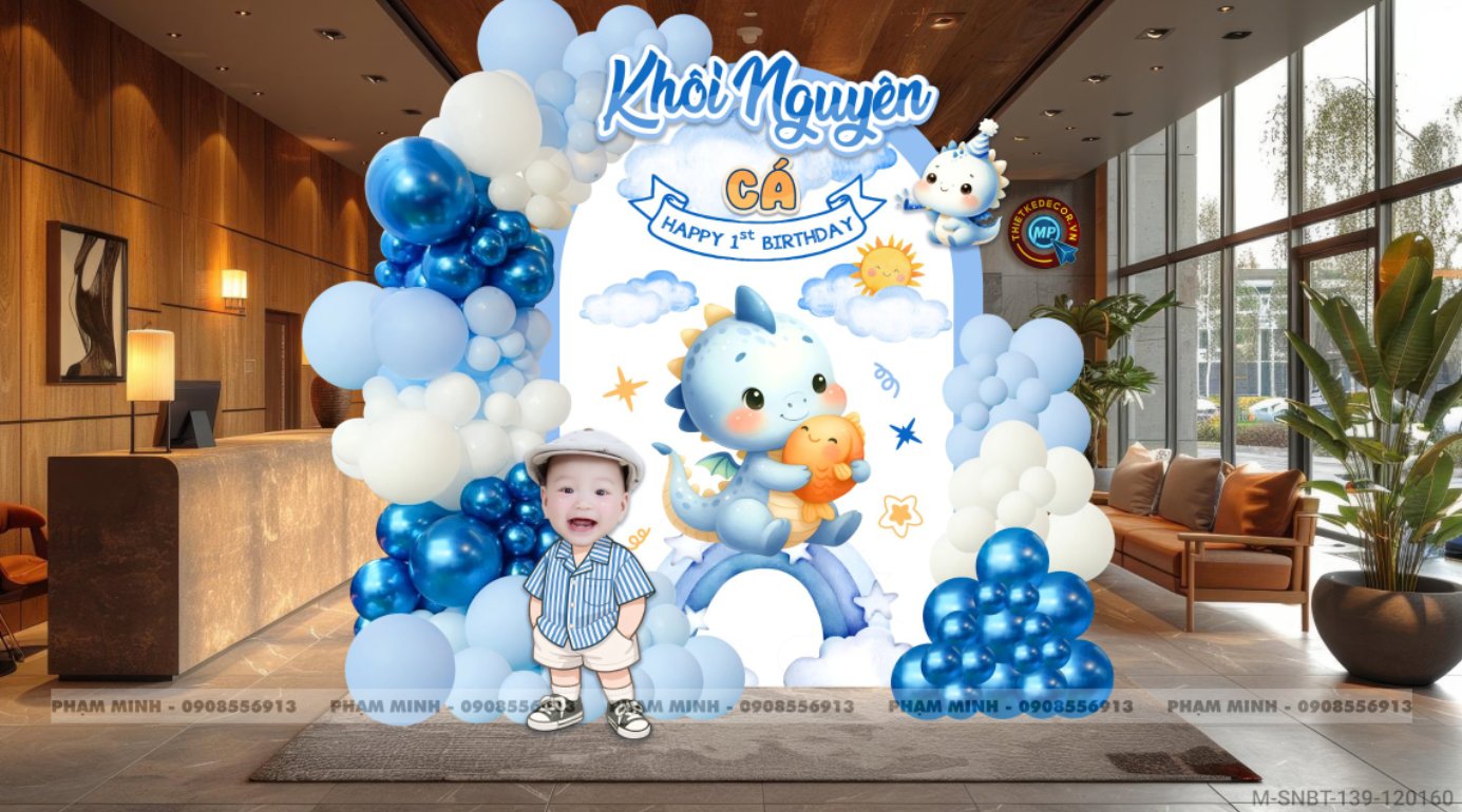 File thiết kế sinh nhật bé trai 1 tuổi con rồng khung U tone xanh blue cute dễ thương.