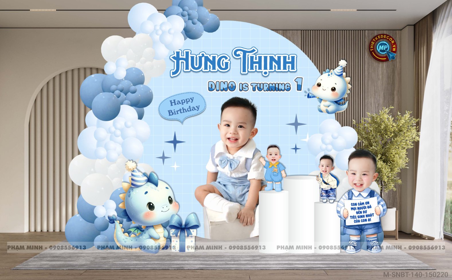 File thiết kế sinh nhật bé trai 1 tuổi con rồng khung tròn tone xanh blue cute dễ thương.