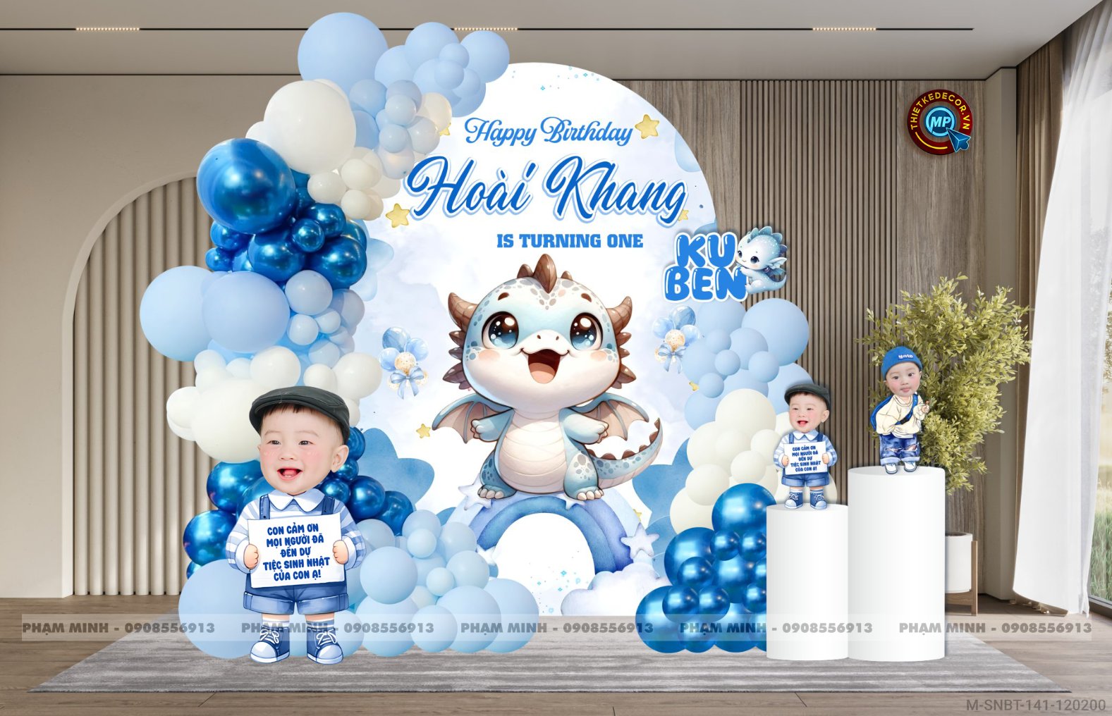 File thiết kế sinh nhật bé trai 1 tuổi con rồng khung U tone xanh blue cute dễ thương.