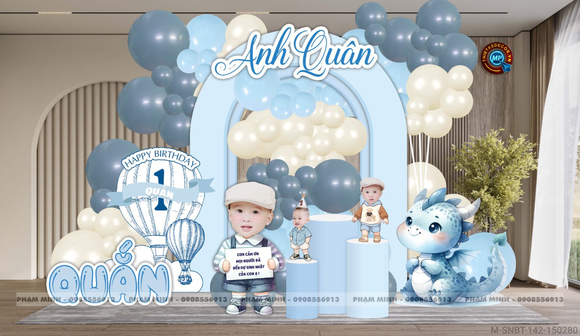 File thiết kế sinh nhật bé trai 1 tuổi con rồng tone xanh blue cute dễ thương.