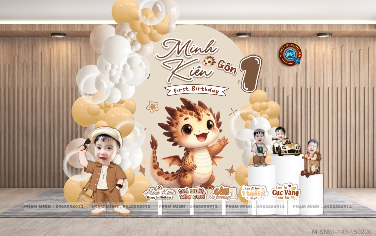 File thiết kế sinh nhật bé trai 1 tuổi con rồng khung U và chibi tone nâu tây cute dễ thương.