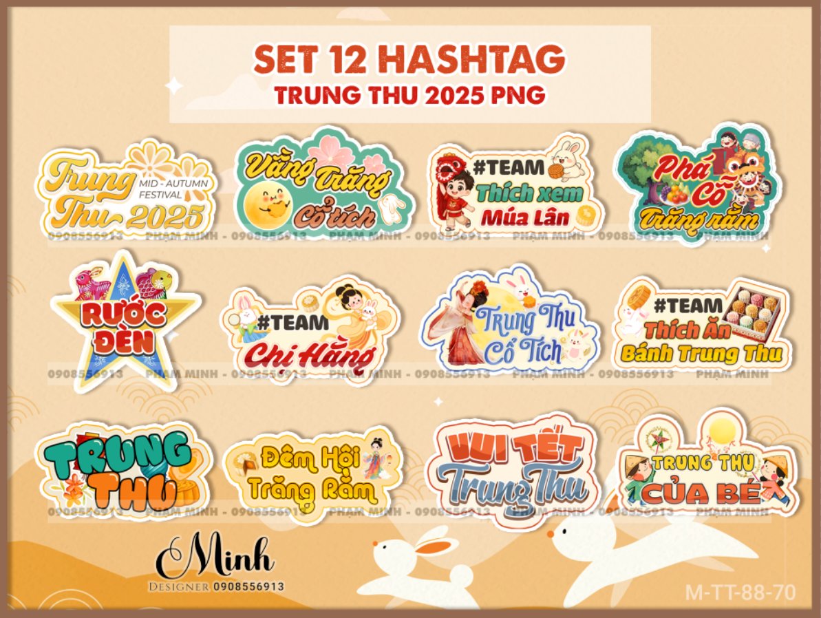 Set 12 Hashtag Trung thu 2025 định dạng PNG cute dễ thương đáng yêu Hashtag cầm tay chụp ảnh