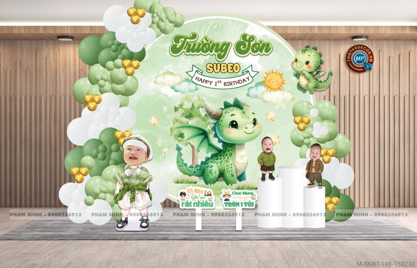 File thiết kế sinh nhật bé trai 1 tuổi con rồng tone xanh lá cute dễ thương.