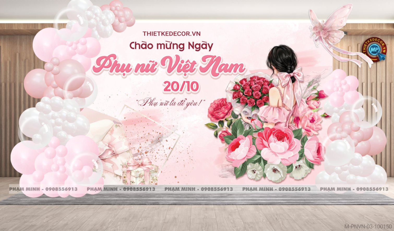 File thiết kế background Chào mừng ngày Phụ nữ Việt Nam 20 tháng 10, bạt trang trí bong bóng tone hồng xinh đẹp, sang trọng.