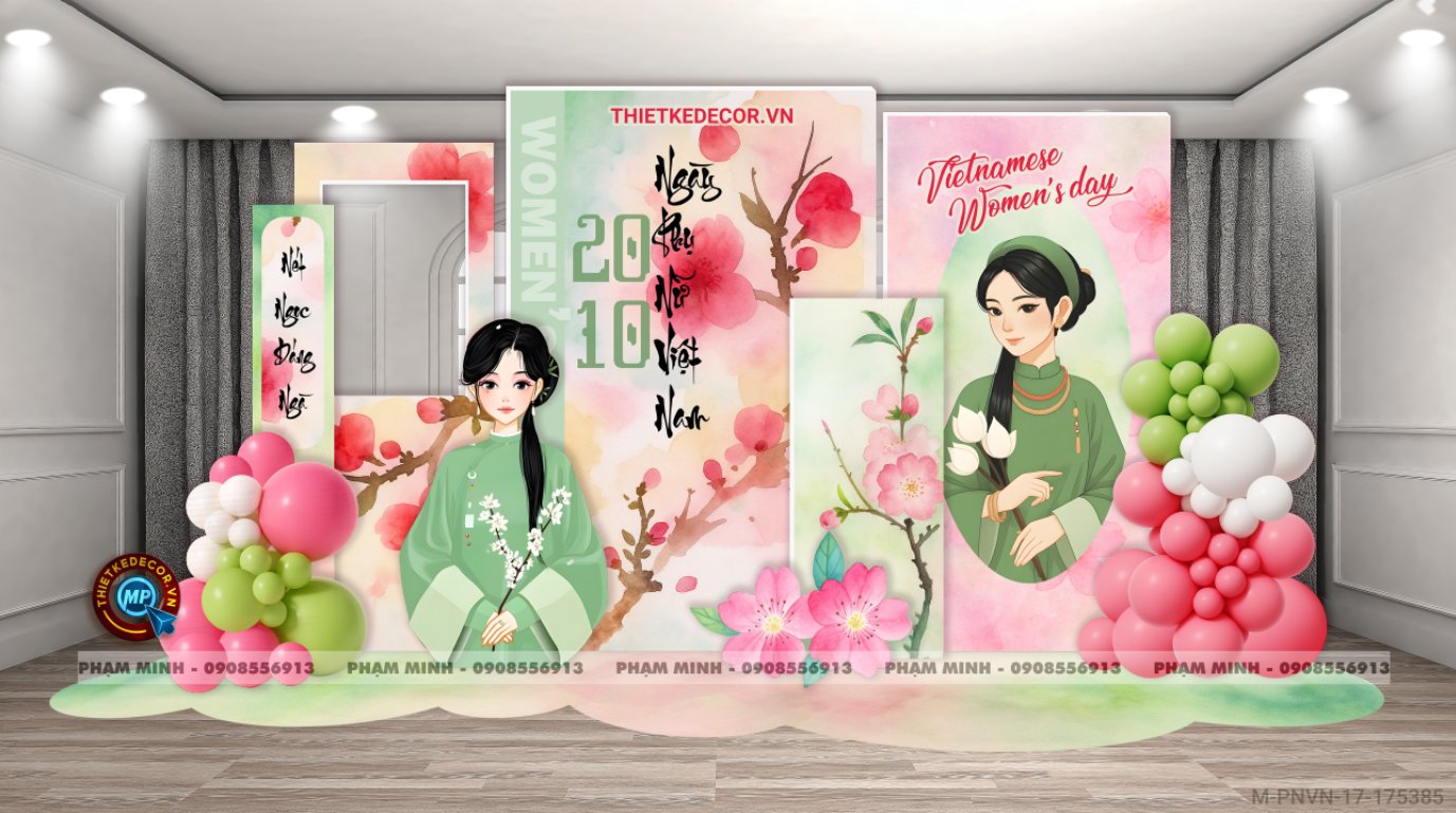 File thiết kế trang trí decor chụp ảnh ngày Phụ nữ Việt Nam 20 tháng 10 Sang trọng Happy women's day tone hồng MIX xanh lá