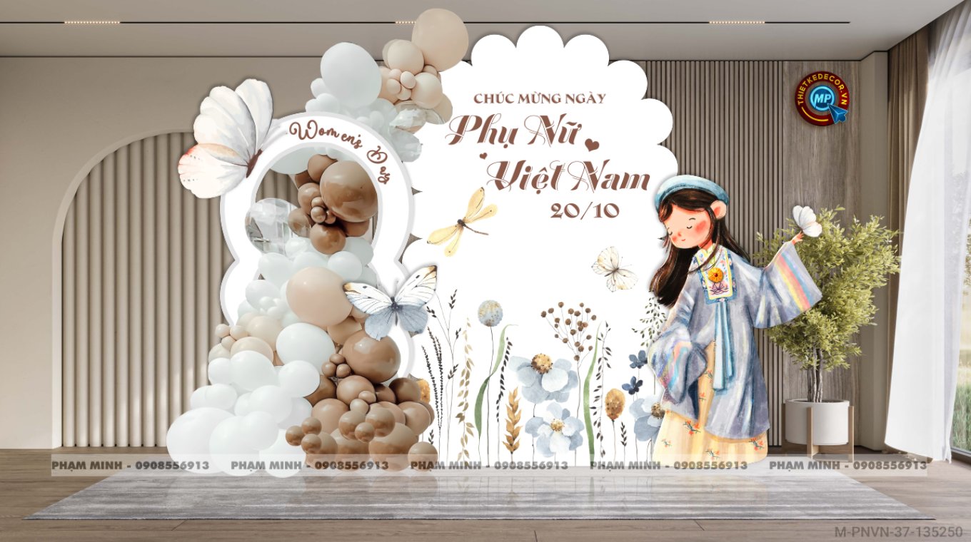 File thiết kế trang trí decor chụp ảnh ngày Phụ nữ Việt Nam 20 tháng 10 Tone Trắng nâu Be Sang trọng Happy Vietnamese women's day