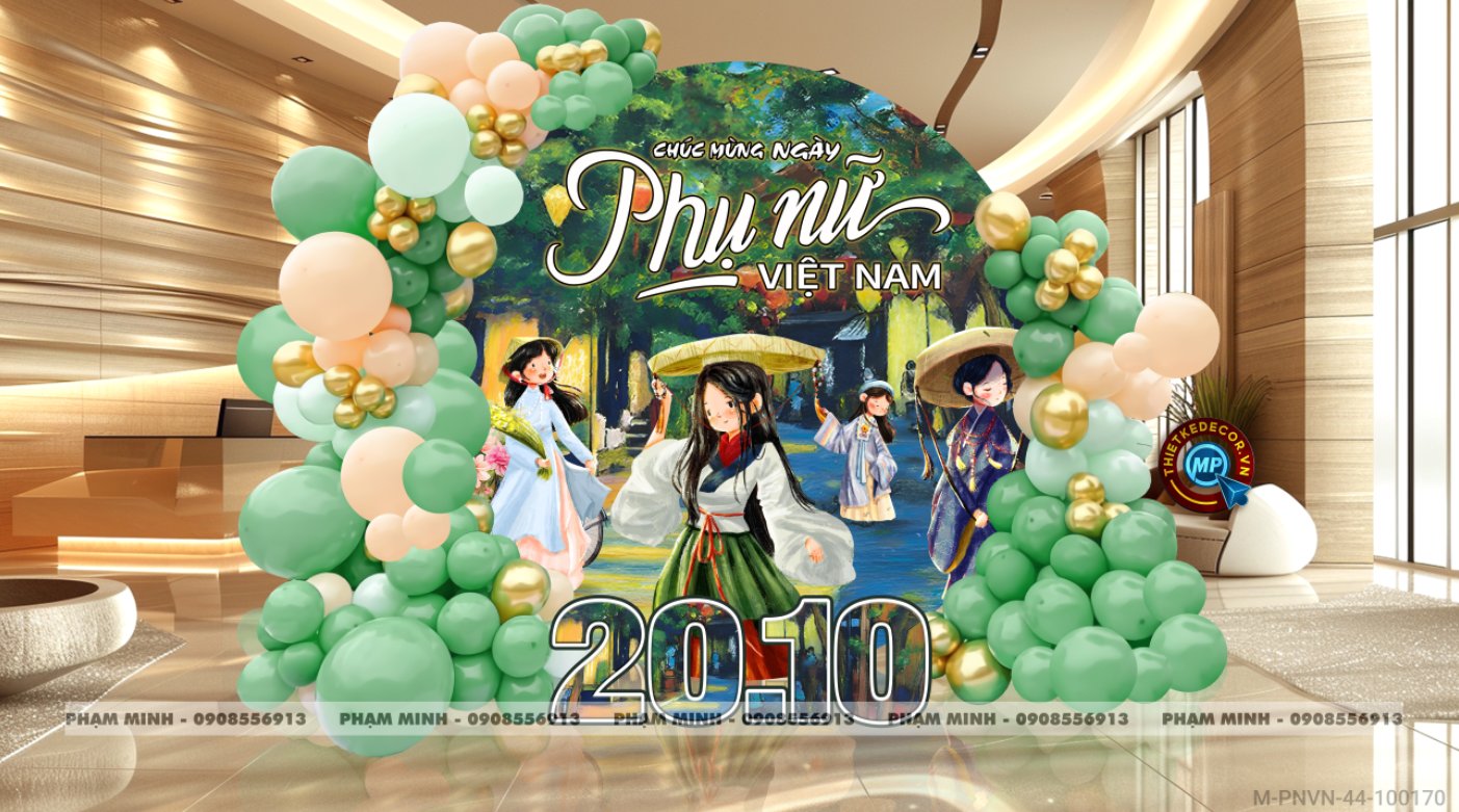 File thiết kế background Chào mừng ngày Phụ nữ Việt Nam 20 tháng 10, bạt trang trí bong bóng tone xanh lá cổ điển xinh đẹp, sang trọng.