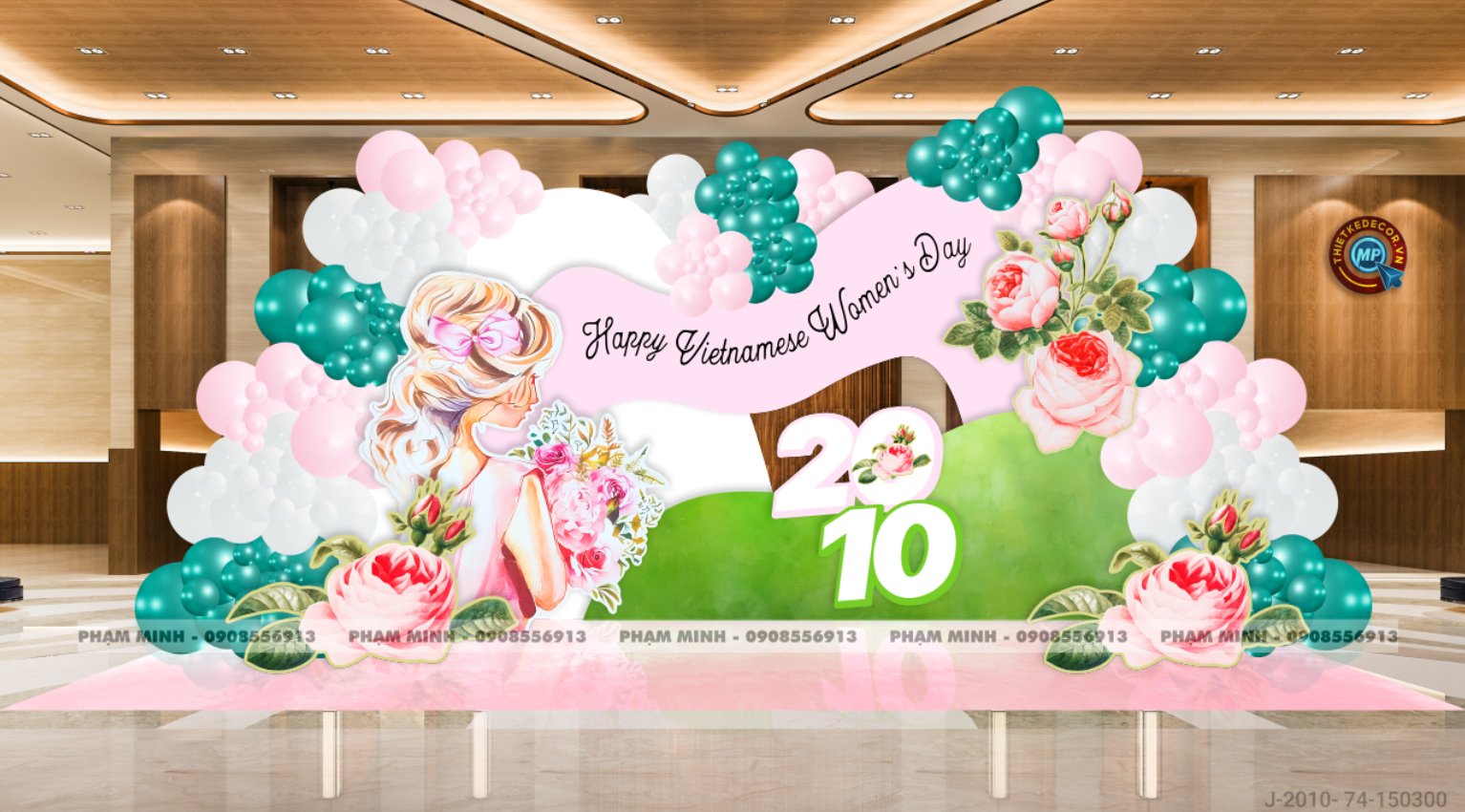 File thiết kế trang trí decor chụp ảnh ngày Phụ nữ Việt Nam 20 tháng 10 Sang trọng Happy women's day tone hồng MIX xanh lá