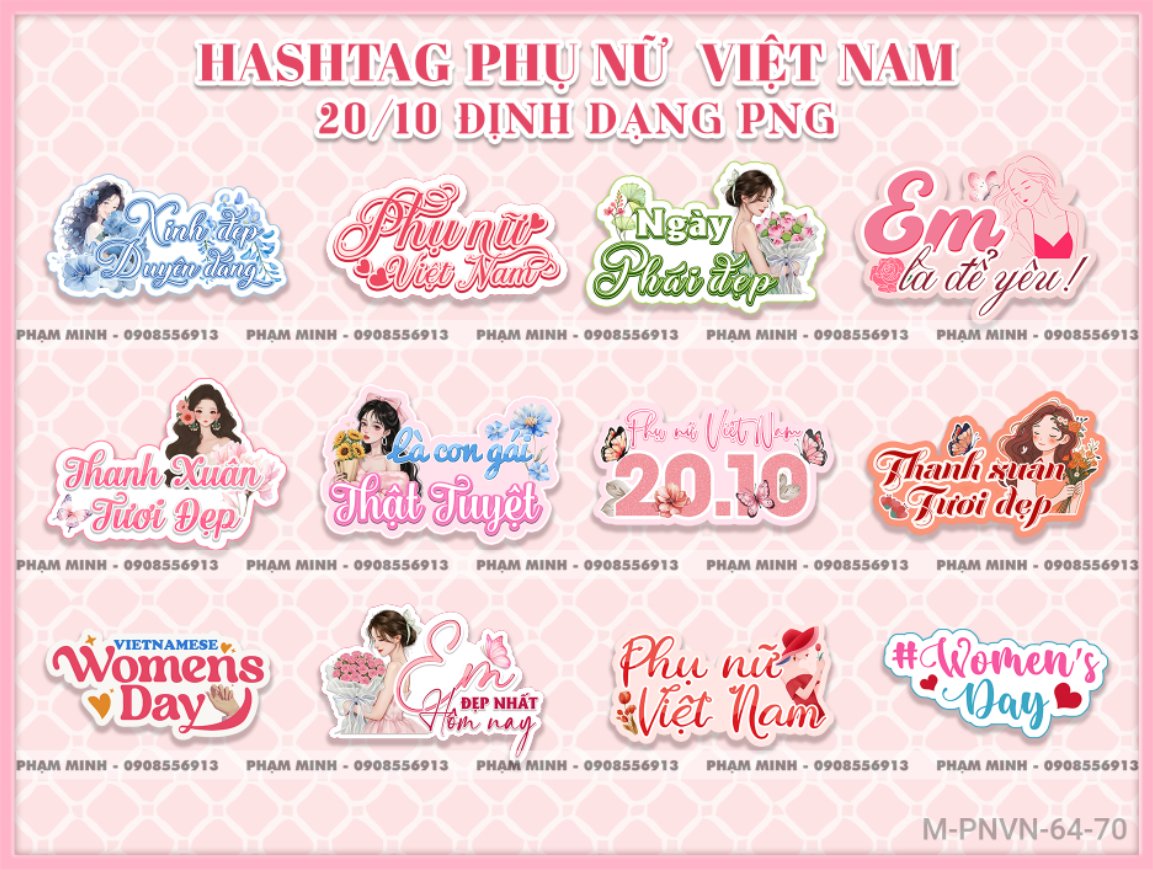 12 Hashtag Ngày Phụ Nữ Việt Nam 20 tháng 10 định dạng PNG tách nền