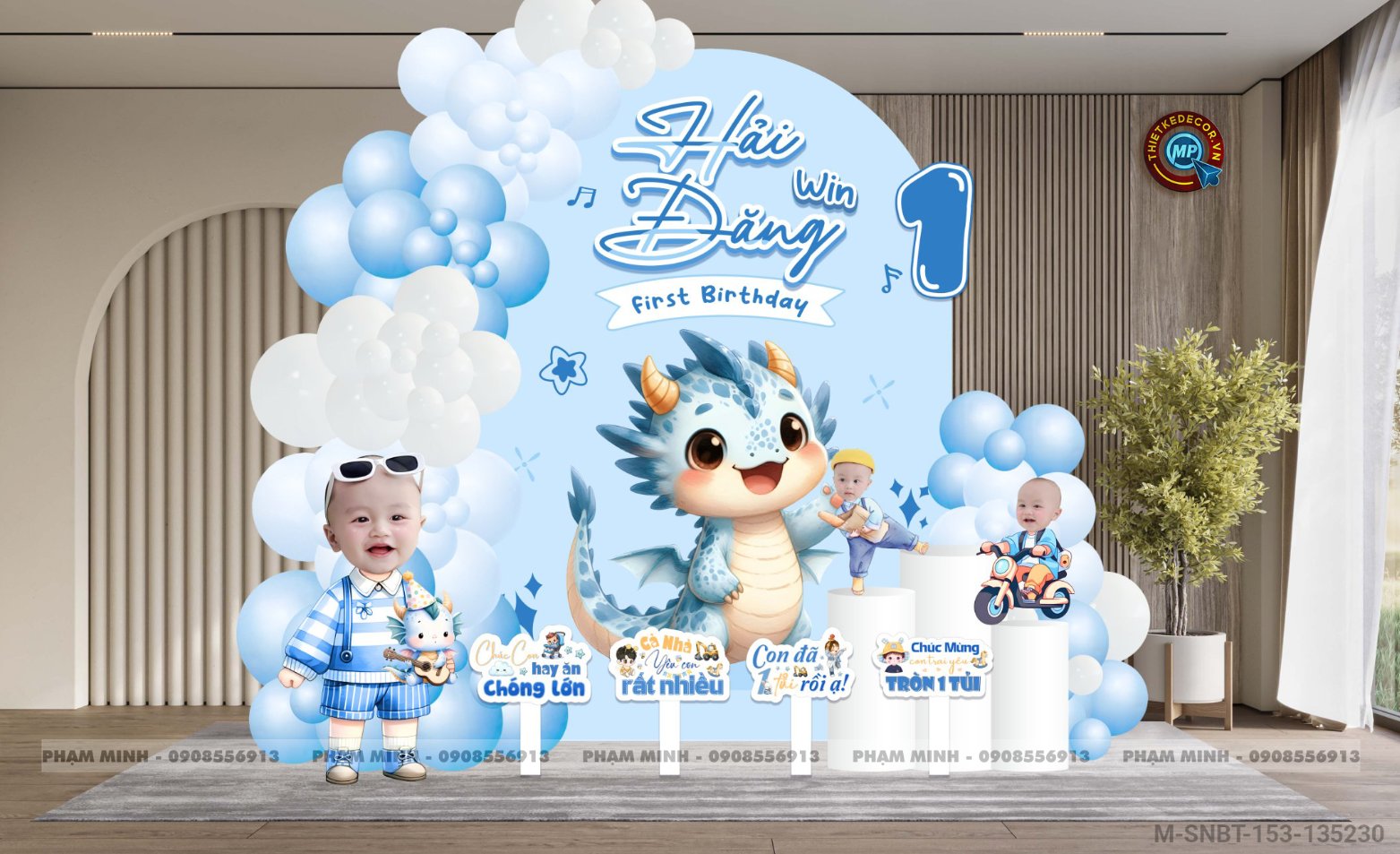 File thiết kế sinh nhật bé trai 1 tuổi con rồng khung U tone xanh blue cute dễ thương.