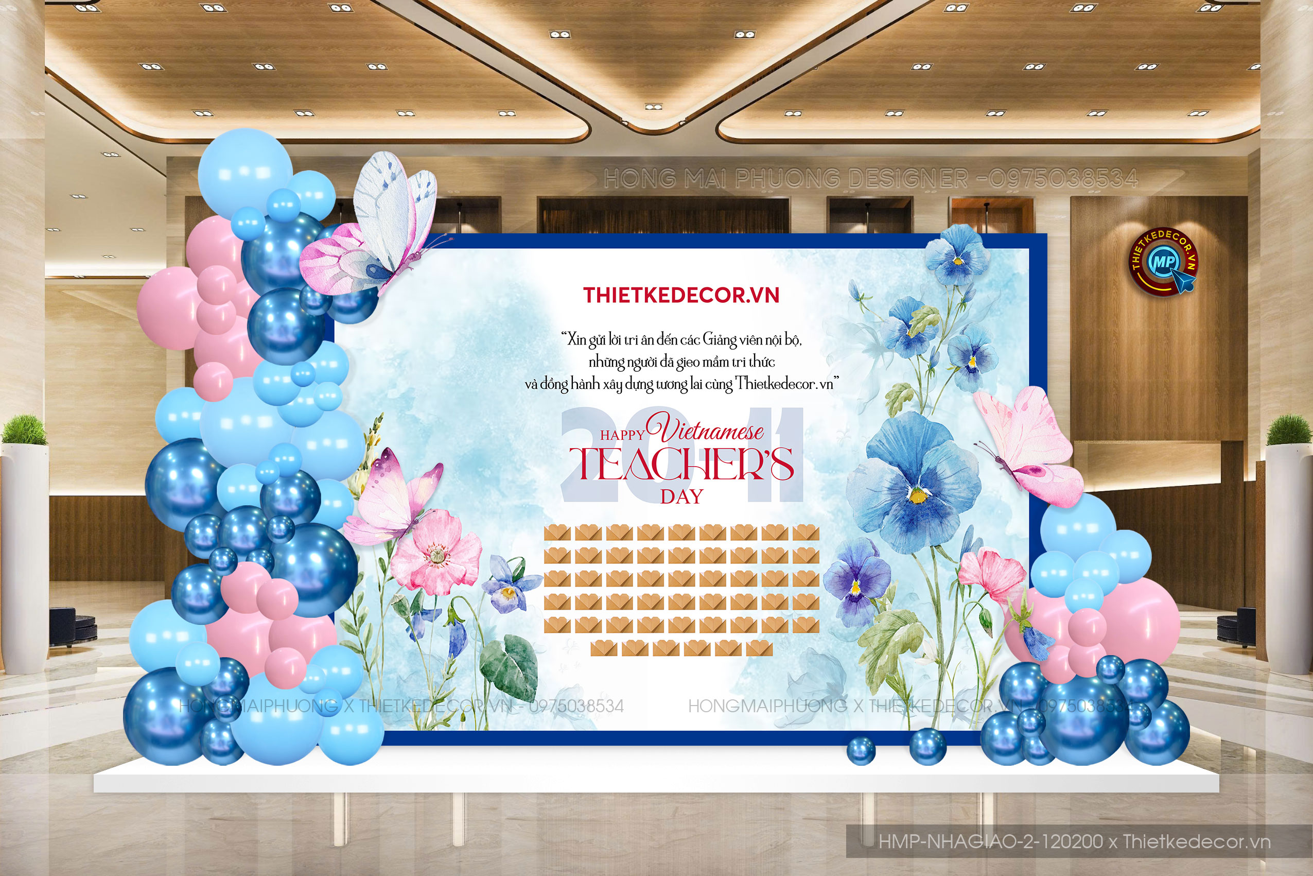 Backdrop Nhà Giáo Việt Nam tone xanh họa tiết hoa lá, thiết kế trống để dán phong thư.