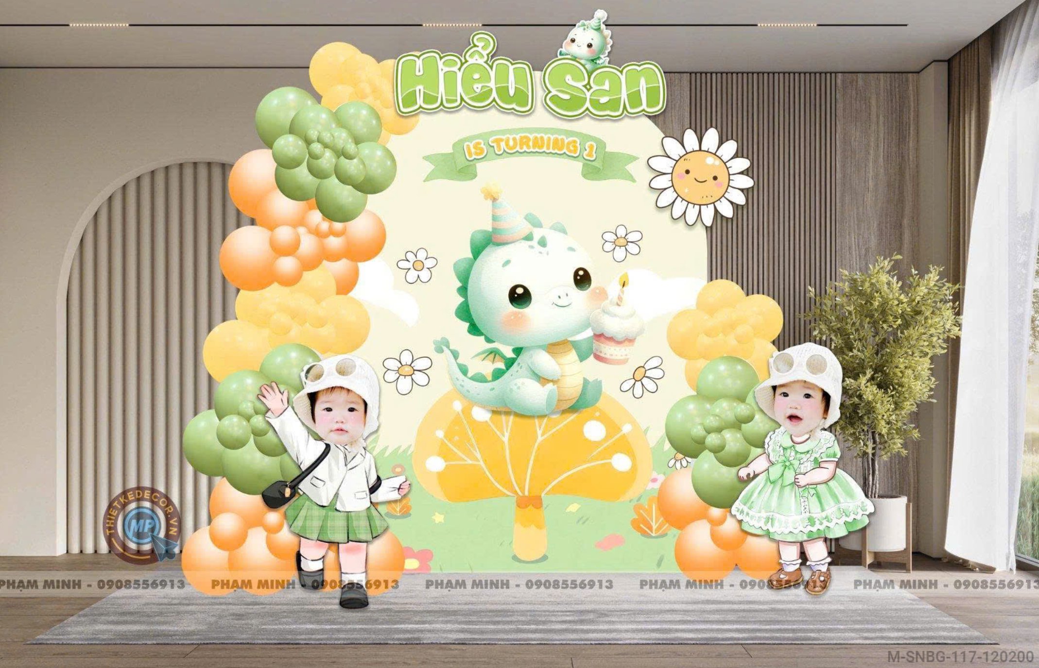 File thiết kế sinh nhật bé gái 1 tuổi rông tone màu xanh lá cam vàng cute dễ thương.