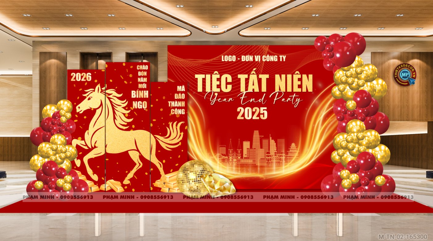 File thiết kế tiệc Tất niên 2025, Year End Party 2025 tone đỏ vàng trang trí bong bóng căng bạt sang trọng cho công ty.