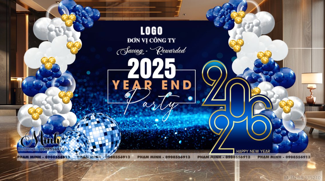 File thiết kế tiệc Tất niên 2025, Year End Party 2025 tone xanh bạc trang trí bong bóng căng bạt sang trọng cho công ty.