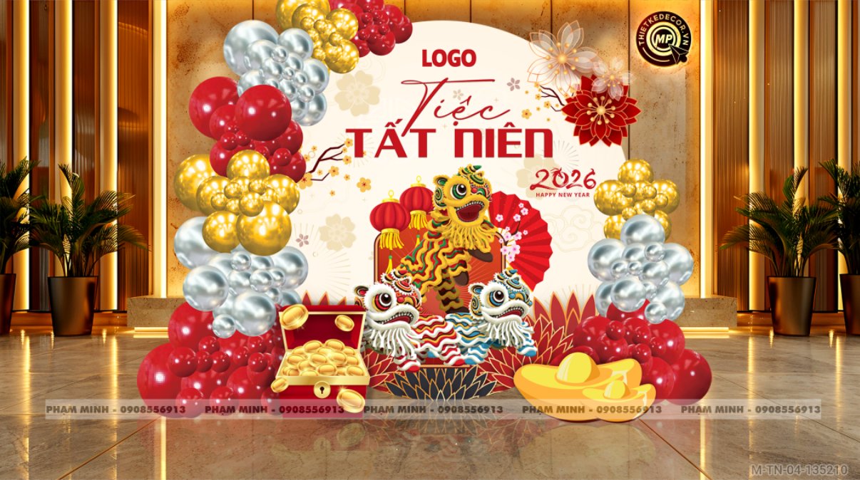 File thiết kế tiệc Tất niên 2025, Year End Party 2025 tone đỏ vàng trang trí bong bóng căng bạt sang trọng cho công ty.